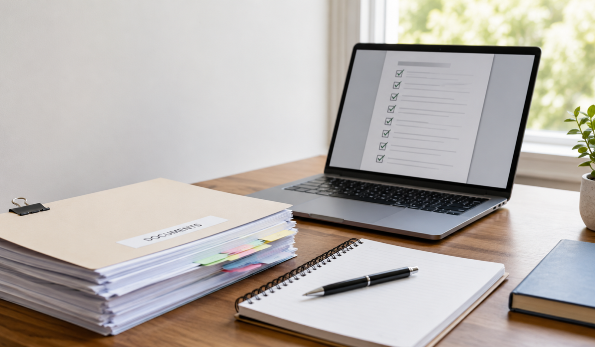 a laptop screen showing documentation, a long with physical documents placed on a desk