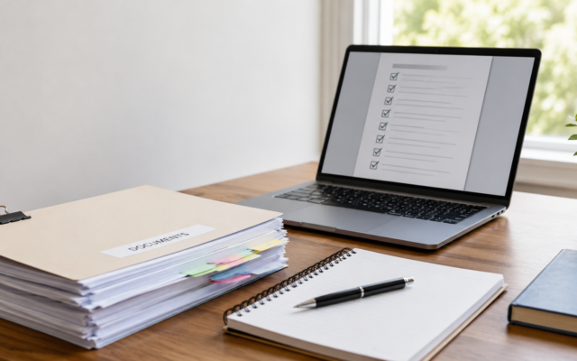 a laptop screen showing documentation, a long with physical documents placed on a desk