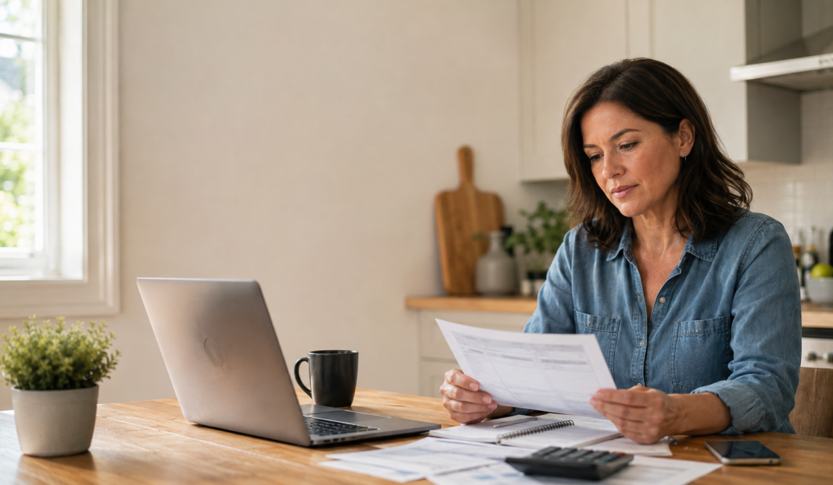 a woman reading a document , while a laptop is placed on a desk near her