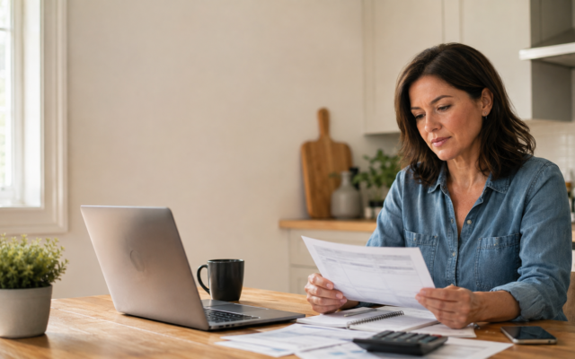 a woman reading a document , while a laptop is placed on a desk near her