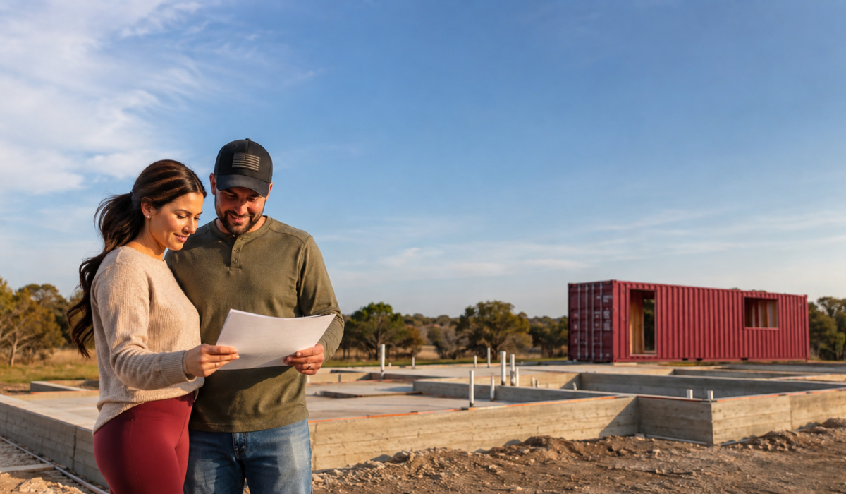 A woman and a man standing behind them has a red container