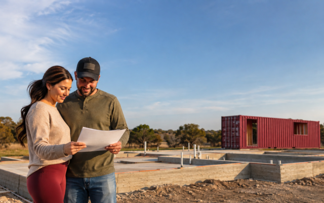 A woman and a man standing behind them has a red container