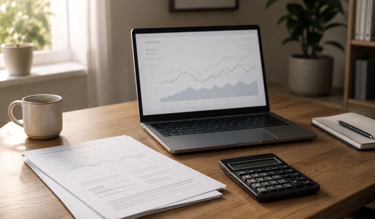 A laptop and calculator placed on a desk