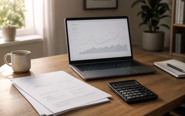 A laptop and calculator placed on a desk