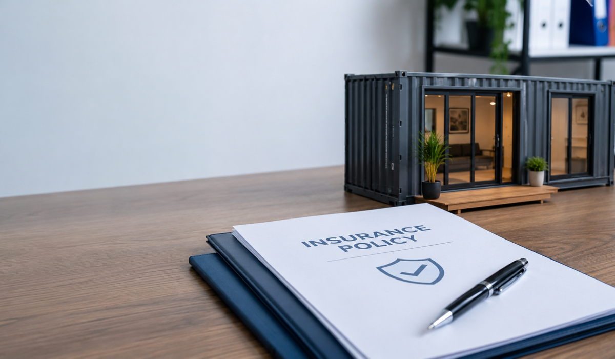 Desk with a file on it as well as a tiny model of a container home placed on it