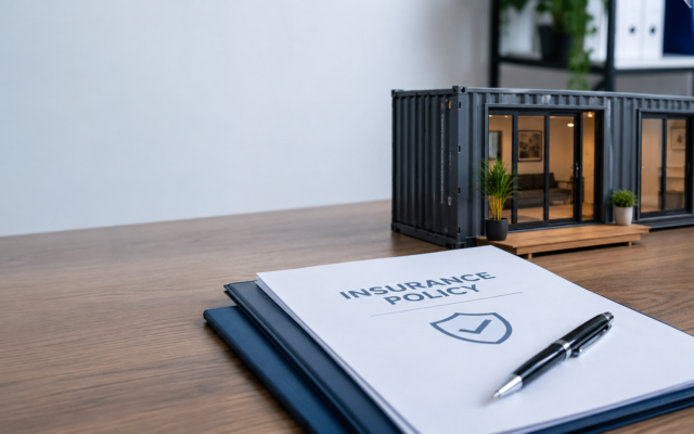 Desk with a file on it as well as a tiny model of a container home placed on it