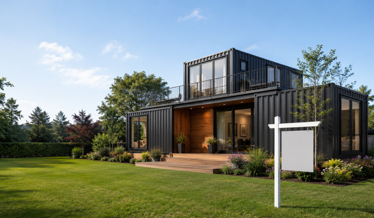a modern looking home made up of containers, placed in a lush green area
