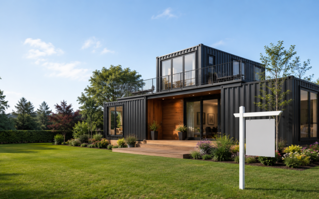 a modern looking home made up of containers, placed in a lush green area