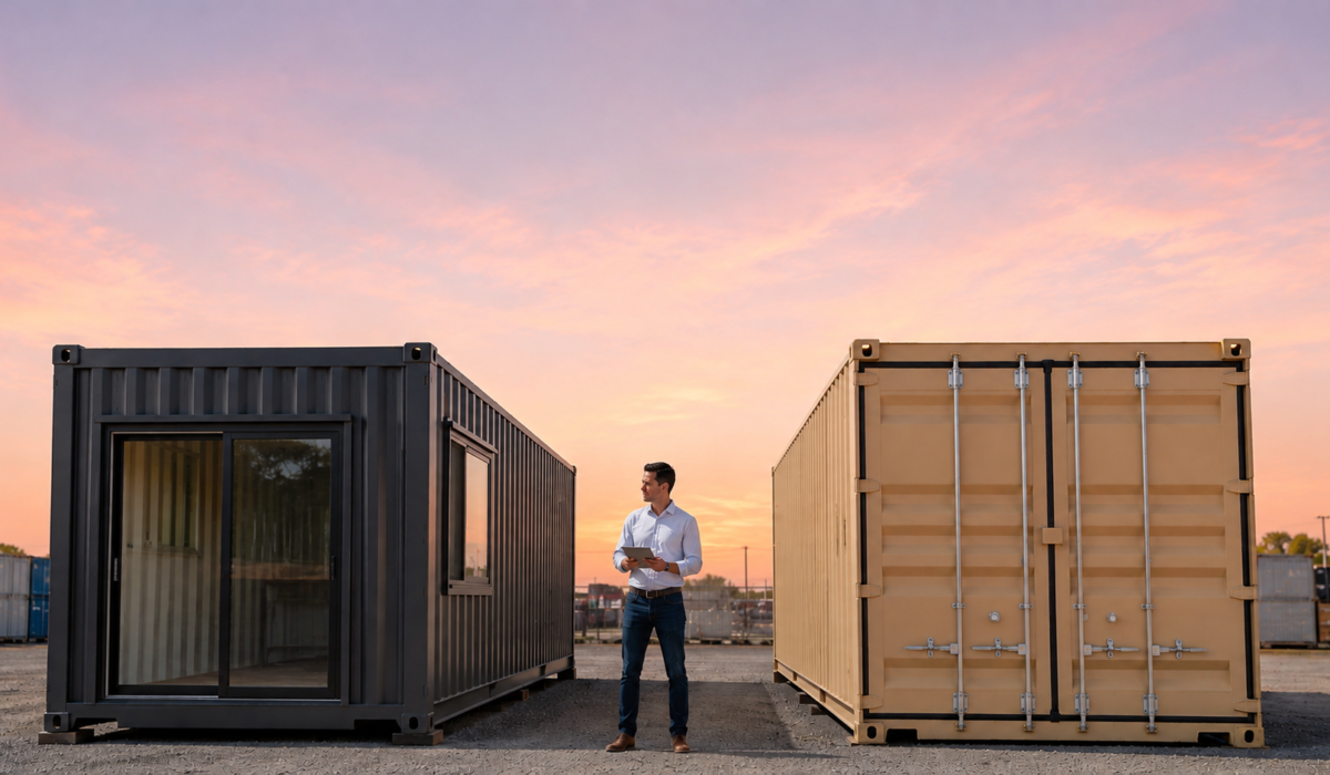 a man is standing near two containers