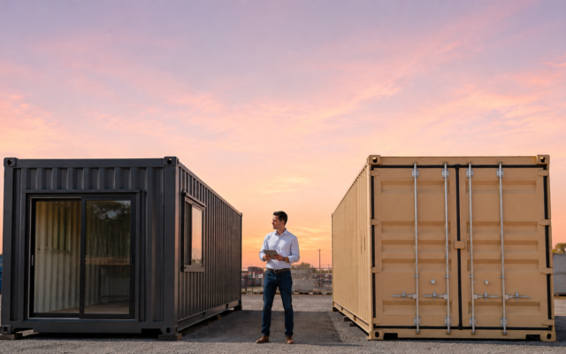 a man is standing near two containers