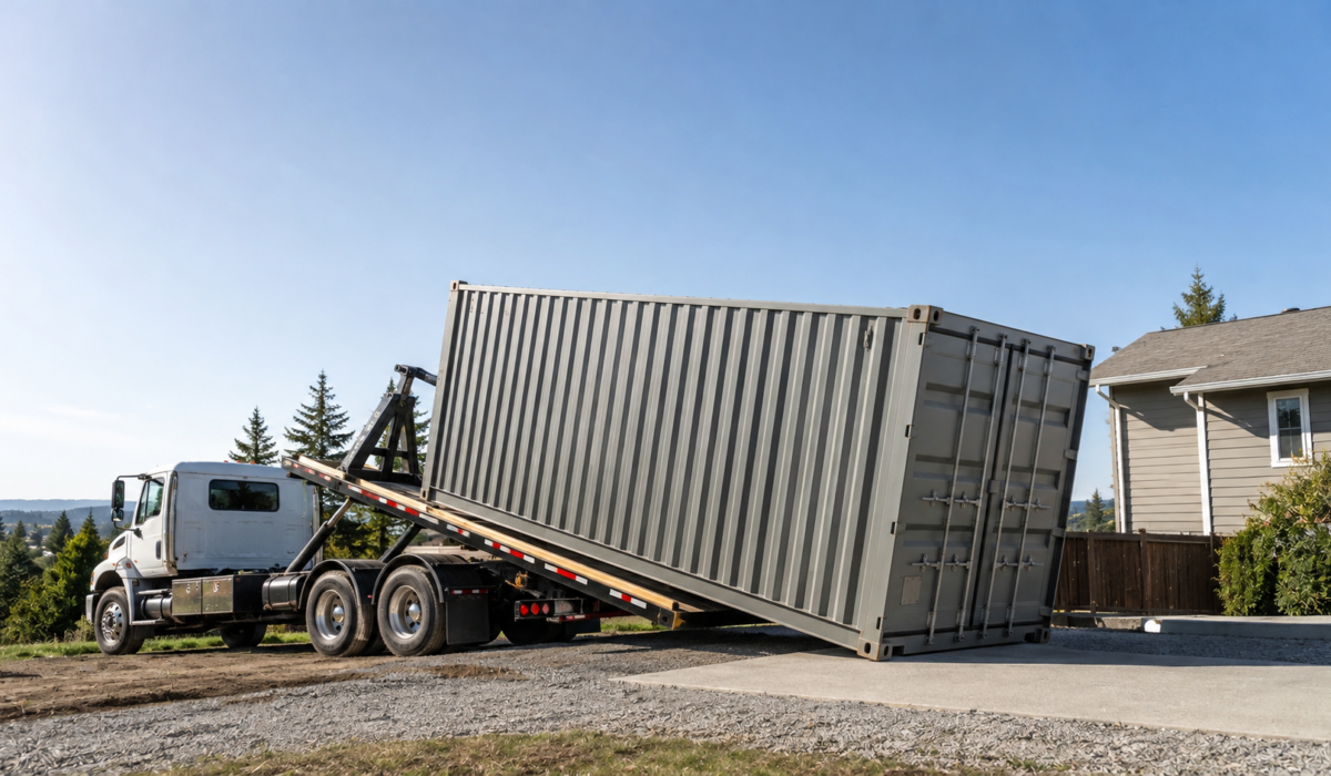 a container is offloading from the vehicle