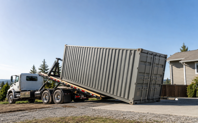 a container is offloading from the vehicle