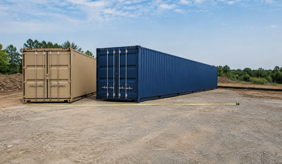 two containers placed on the ground, the one in blue has an angle showing its length