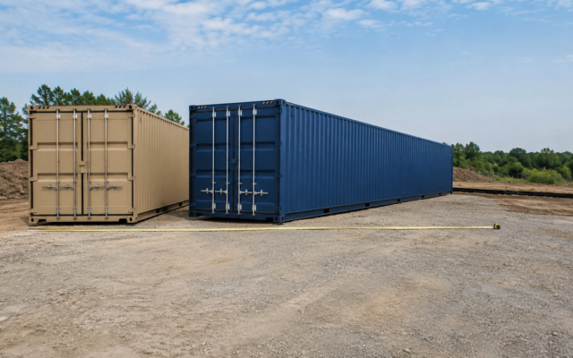 two containers placed on the ground, the one in blue has an angle showing its length