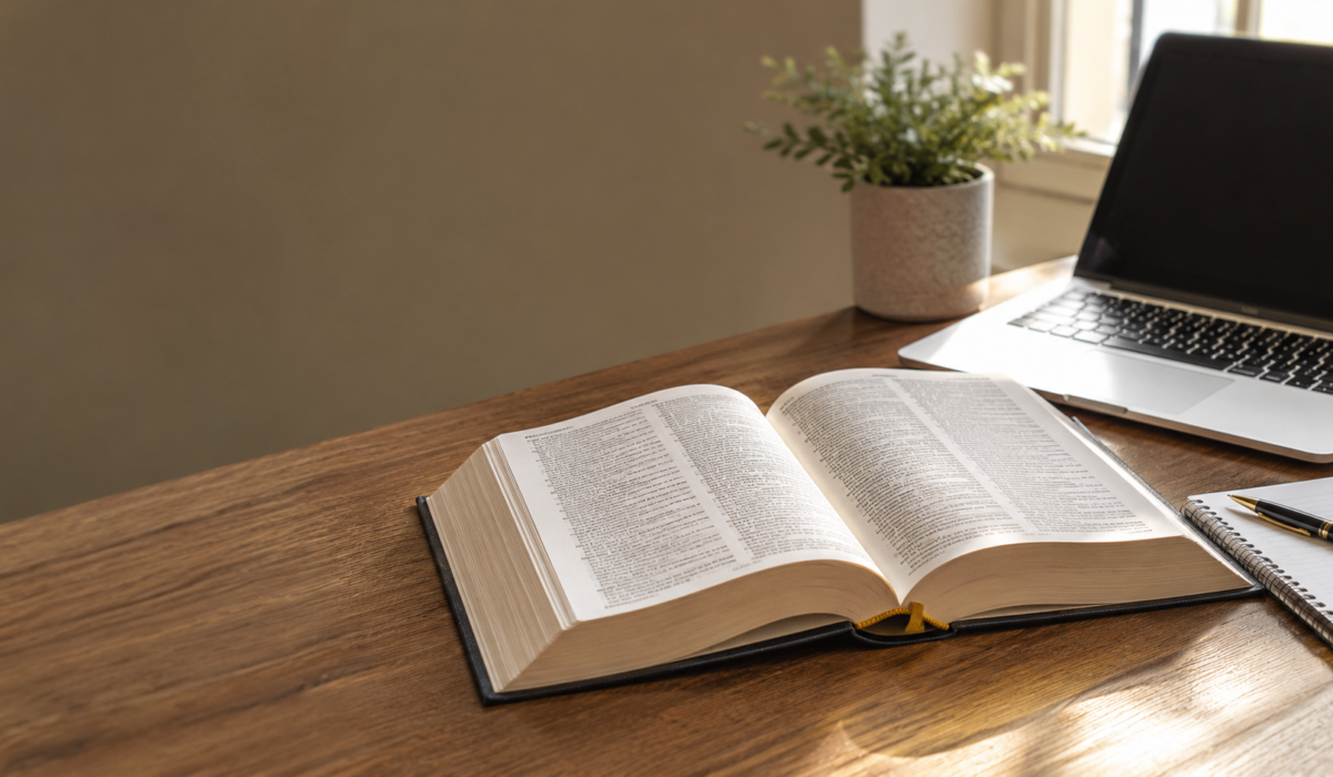 An open book is placed on a desk