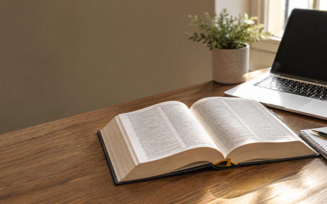An open book is placed on a desk