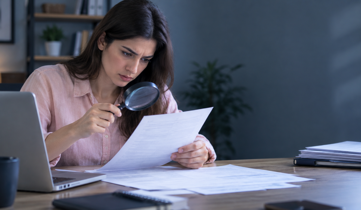 a person examining a document closely with a magnifying glass or a concerned, scrutinizing expression, papers and a laptop on a desk.