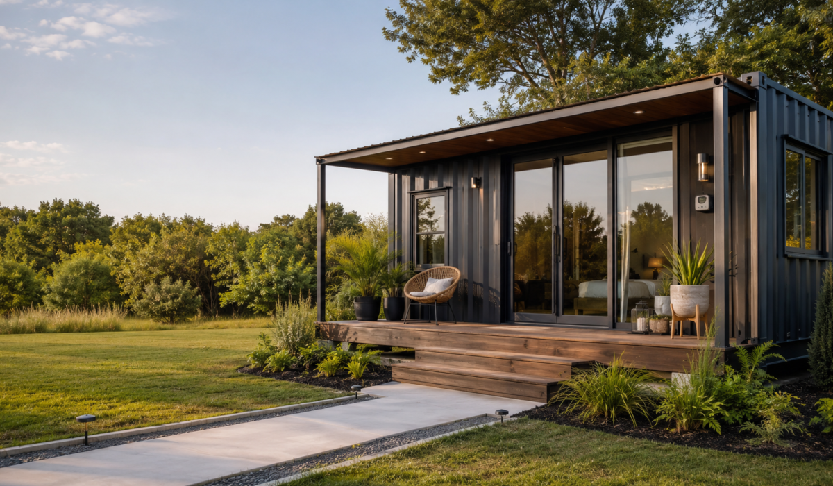 a modern designed home made from the container is shown fixed in a lush green area, giving soothing effect