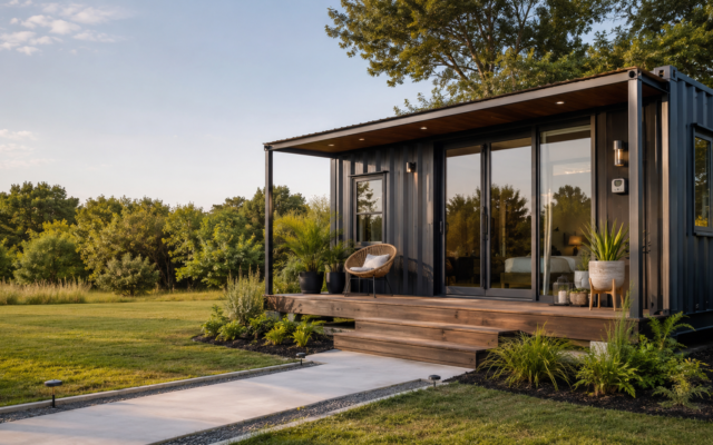 a modern designed home made from the container is shown fixed in a lush green area, giving soothing effect