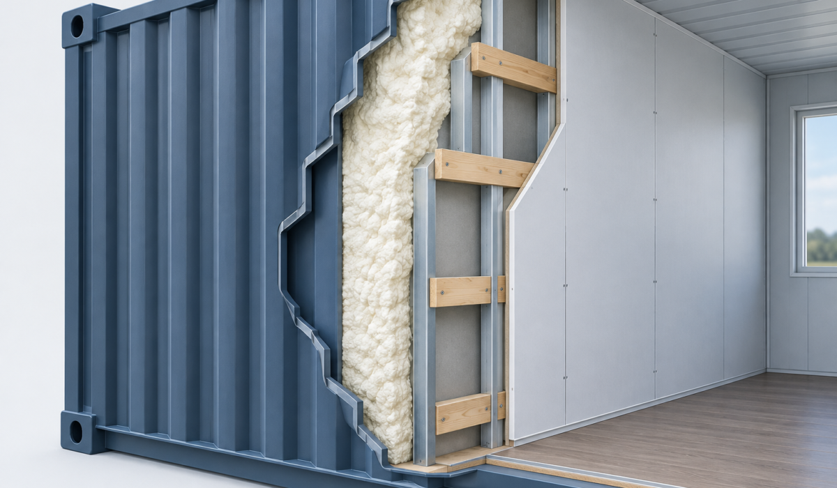 Cutaway architectural illustration of a shipping container wall cross-section showing corrugated steel