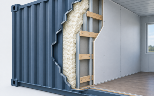 Cutaway architectural illustration of a shipping container wall cross-section showing corrugated steel
