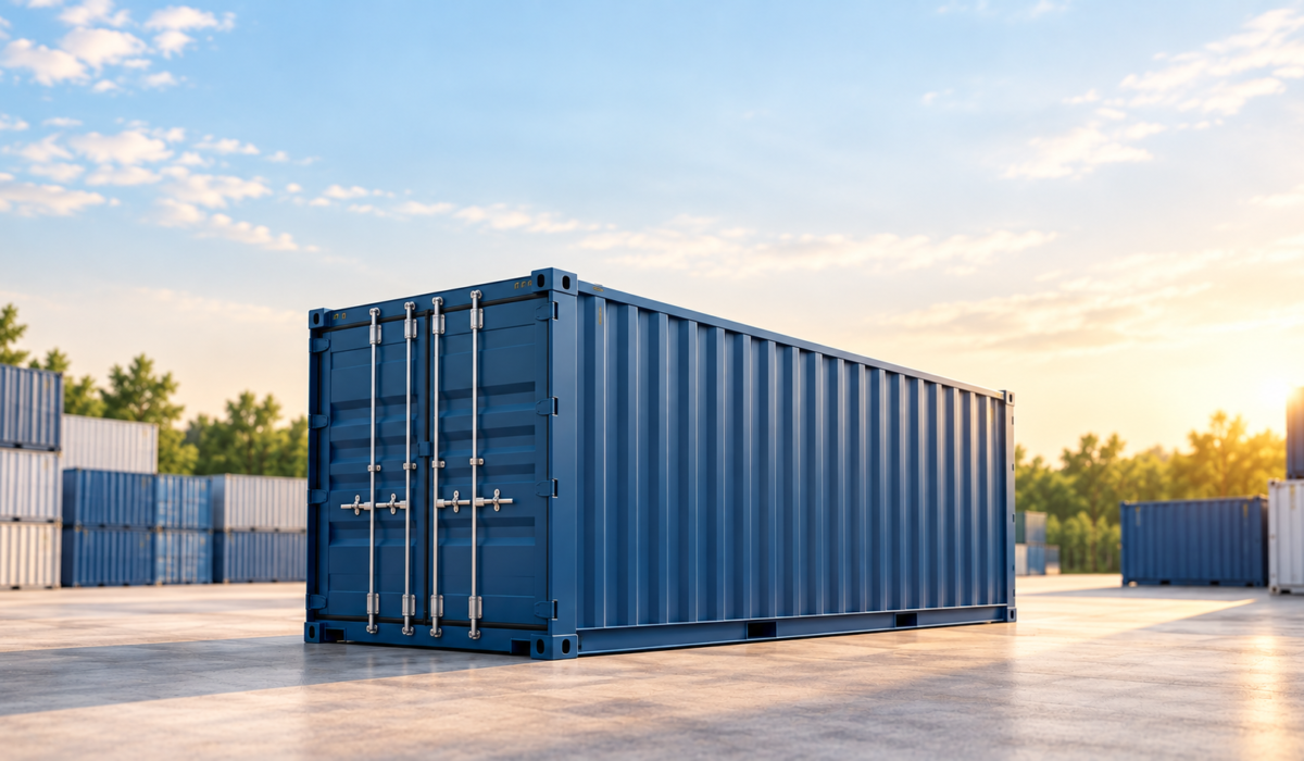 a blue container is placed in open space, in the background many more can be seen.