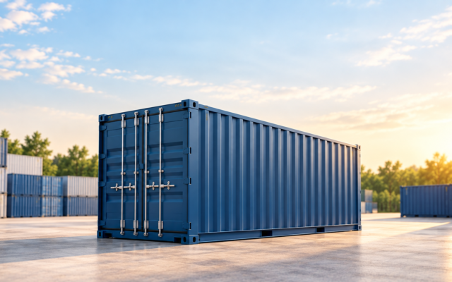 a blue container is placed in open space, in the background many more can be seen.