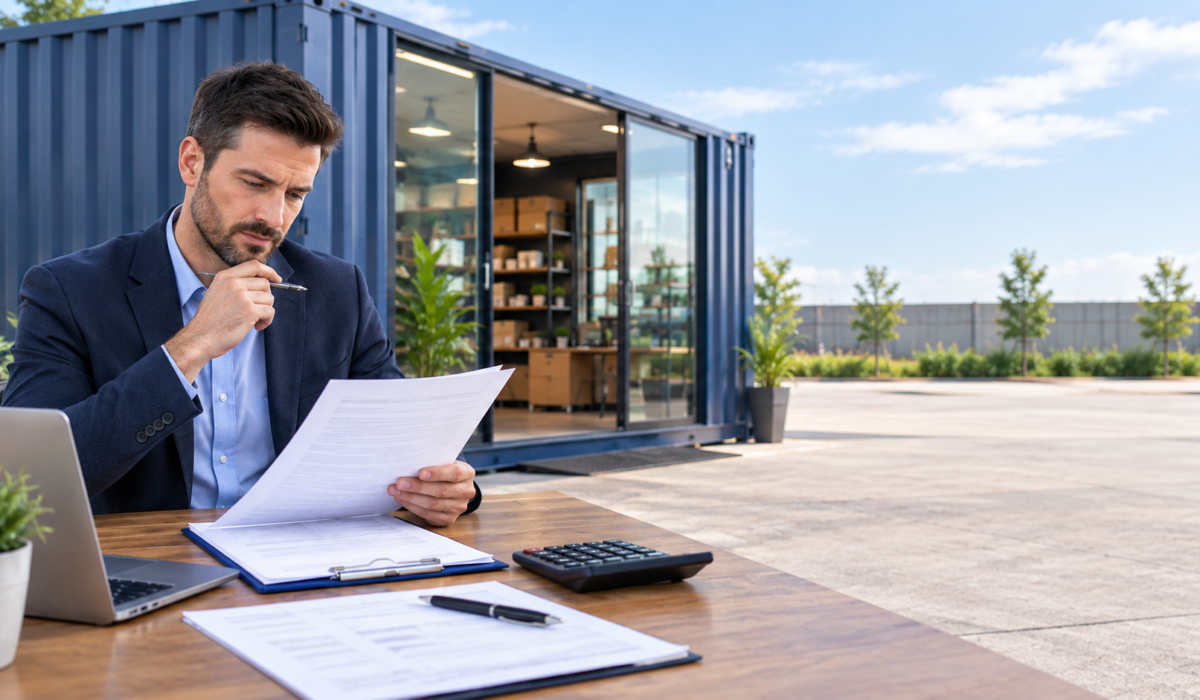 a business owner reviewing a lease agreement next to a clean, well-maintained shipping container