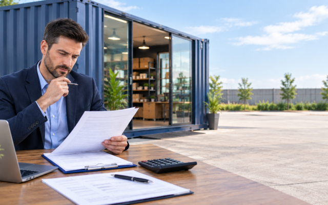 a business owner reviewing a lease agreement next to a clean, well-maintained shipping container